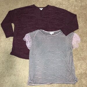 2x Bundle V Neck Sweater & Sheer Striped Short Sleeve Blouse Lace Pink Plumb